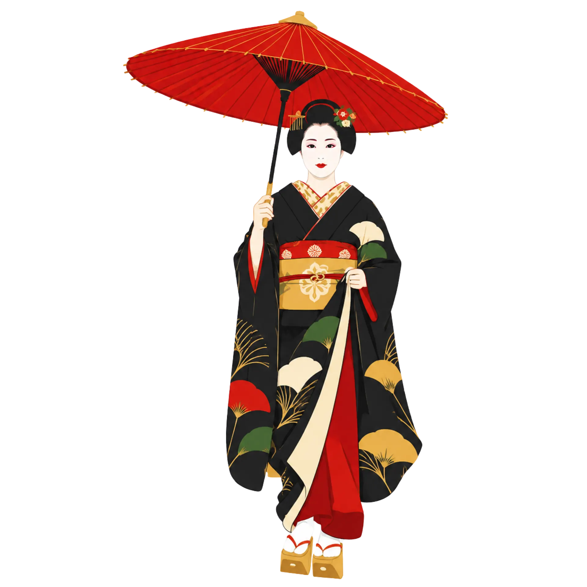 赤い和傘を差す着物姿の芸妓のイラスト
