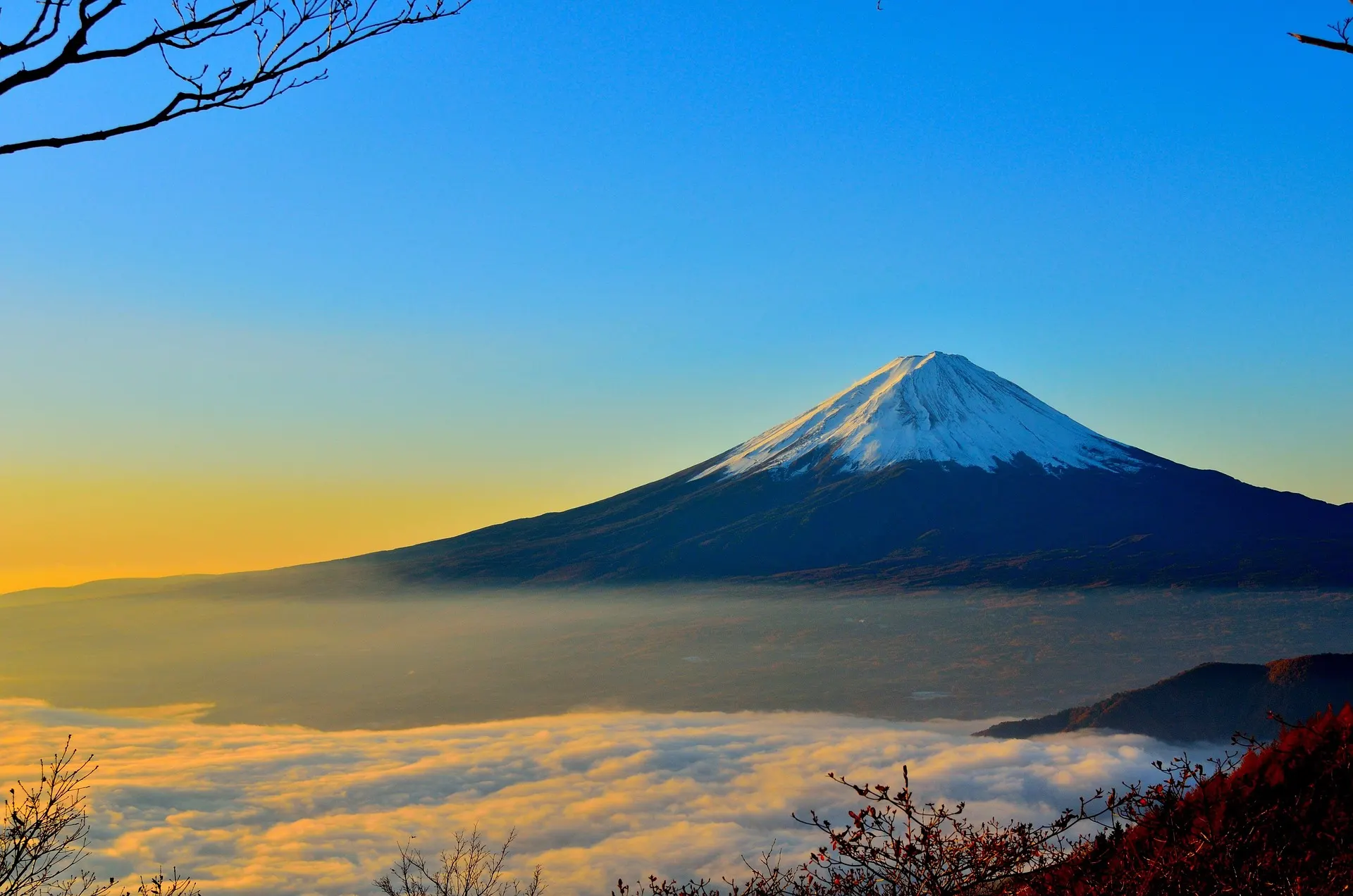雲海の上にそびえる富士山