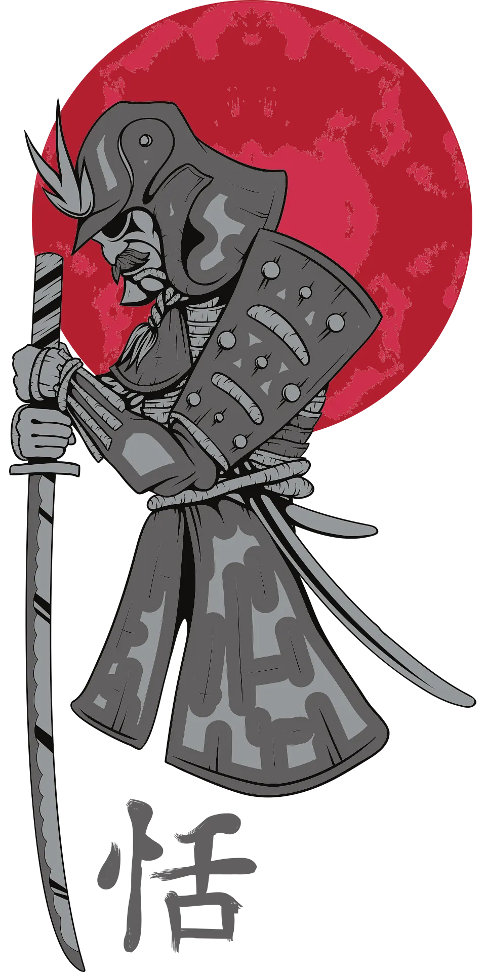 赤い太陽を背にした侍の墨絵風イラスト
